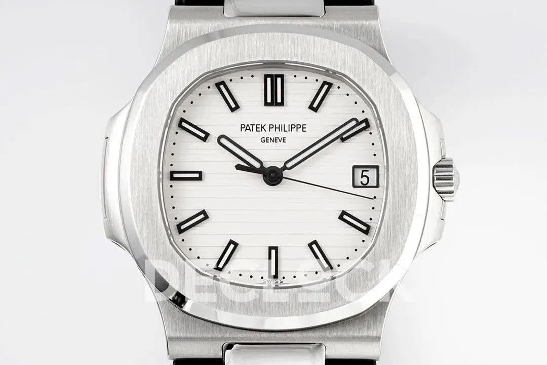 Replica Pattek Philippe Nautilus 5711/1A White Textured Dial on Black Rubber Strap |  Declock.