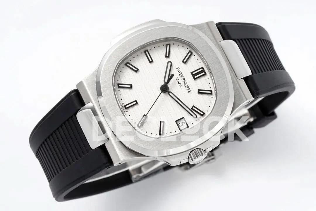 Replica Pattek Philippe Nautilus 5711/1A White Textured Dial on Black Rubber Strap |  Declock.