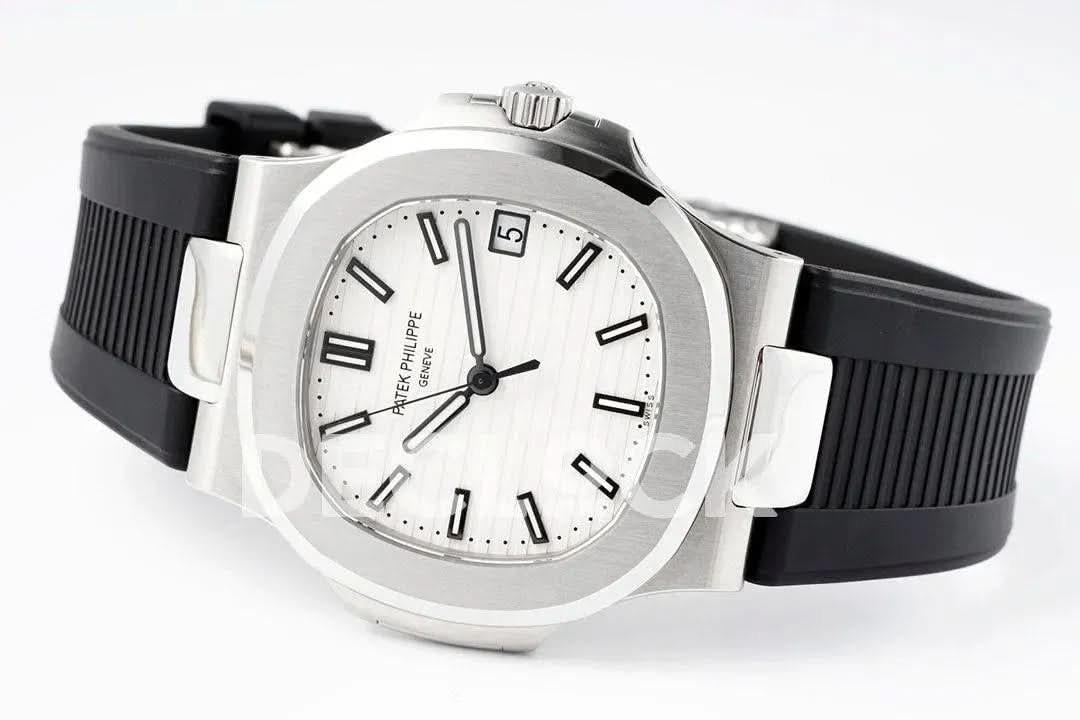 Replica Pattek Philippe Nautilus 5711/1A White Textured Dial on Black Rubber Strap |  Declock.