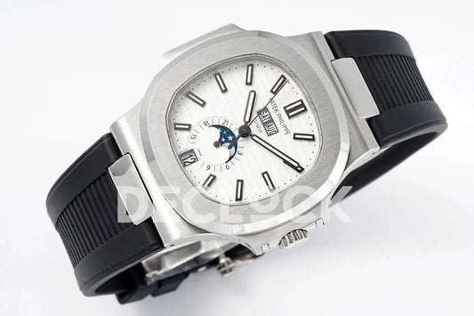 Replica Pattek Philippe Nautilus 5726 Complicated SS White Textured Dial on Black Rubber Strap |  Declock.