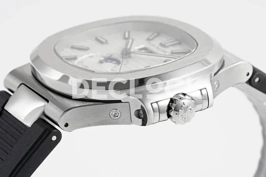 Replica Pattek Philippe Nautilus 5726 Complicated SS White Textured Dial on Black Rubber Strap |  Declock.
