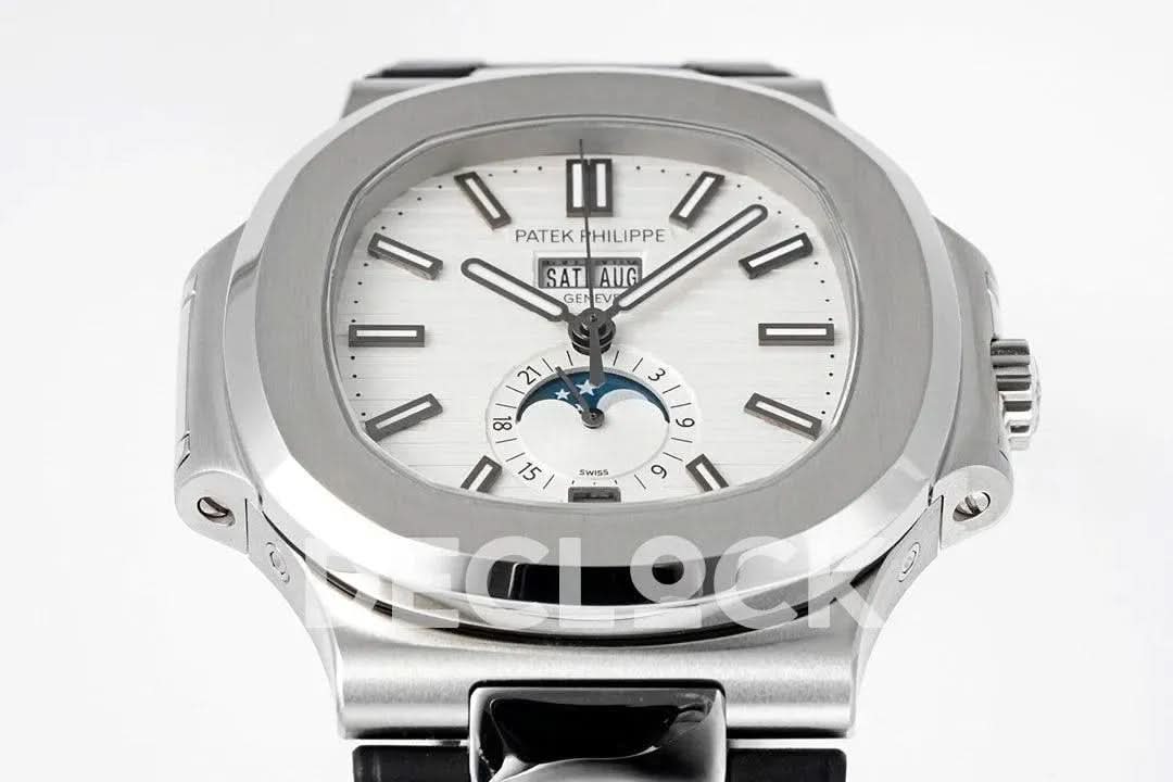 Replica Pattek Philippe Nautilus 5726 Complicated SS White Textured Dial on Black Rubber Strap