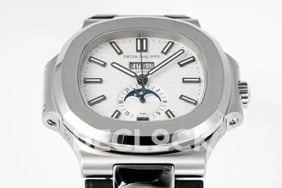 Replica Pattek Philippe Nautilus 5726 Complicated SS White Textured Dial on Black Rubber Strap