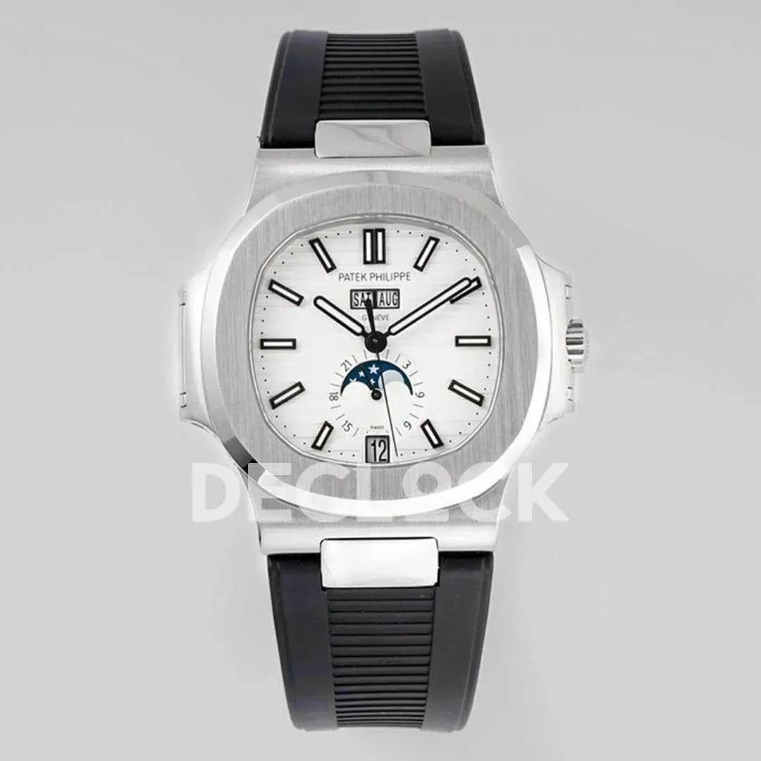 Replica Pattek Philippe Nautilus 5726 Complicated SS White Textured Dial on Black Rubber Strap |  Declock.
