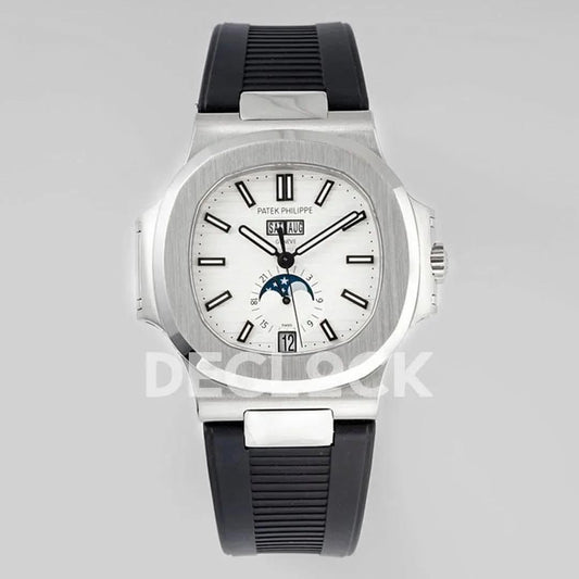 Replica Pattek Philippe Nautilus 5726 Complicated SS White Textured Dial on Black Rubber Strap | Declock.
