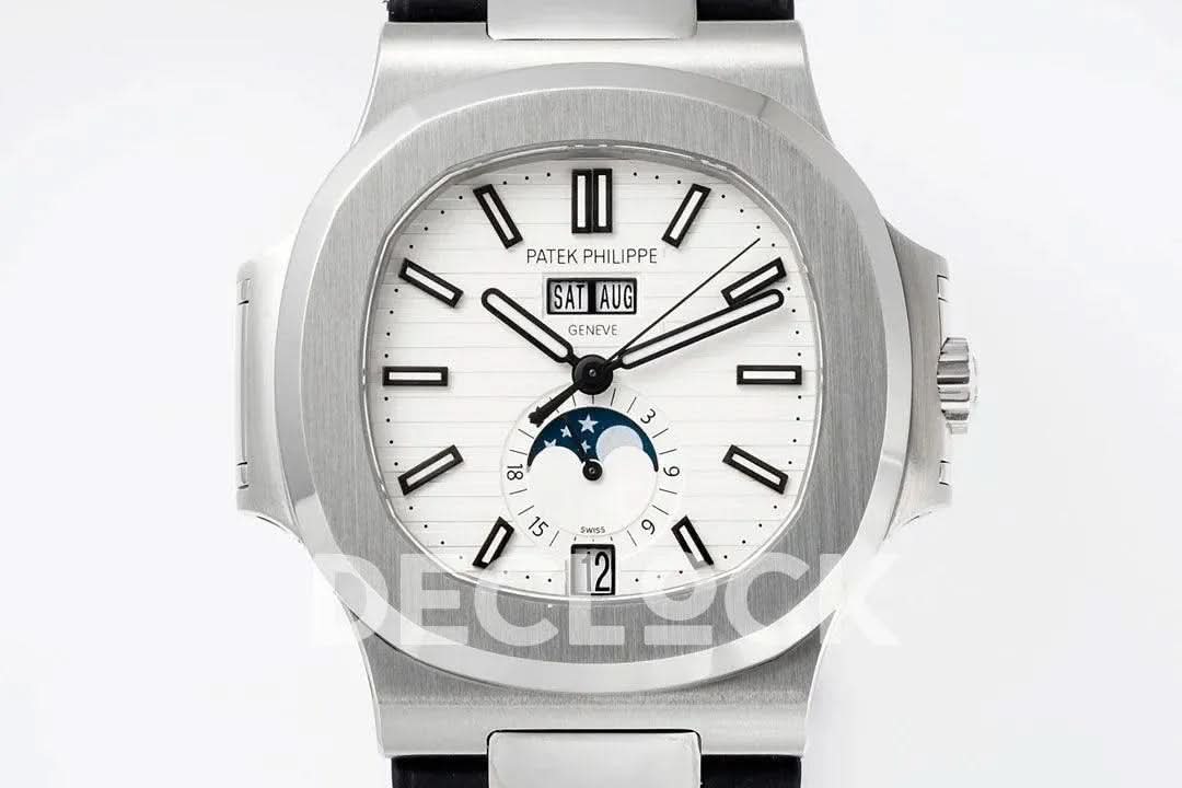 Replica Pattek Philippe Nautilus 5726 Complicated SS White Textured Dial on Black Rubber Strap
