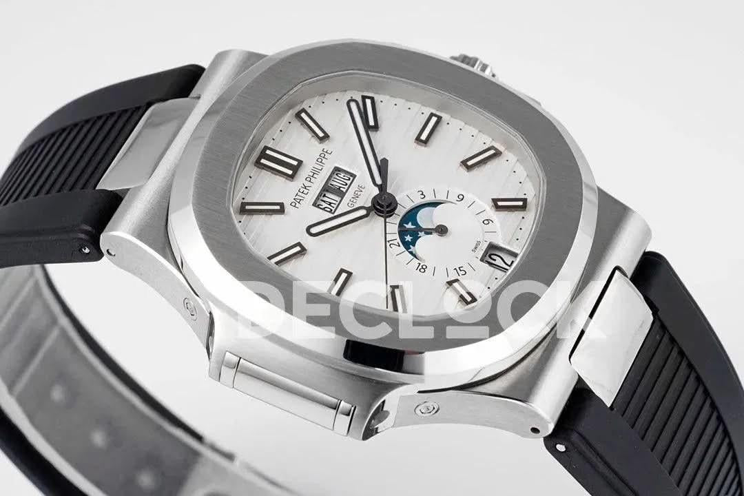 Replica Pattek Philippe Nautilus 5726 Complicated SS White Textured Dial on Black Rubber Strap |  Declock.