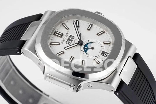 Replica Pattek Philippe Nautilus 5726 Complicated SS White Textured Dial on Black Rubber Strap | Declock.