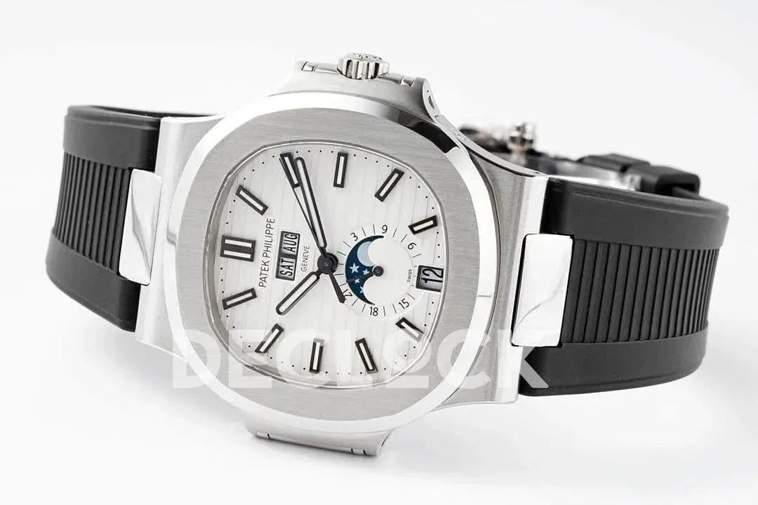 Replica Pattek Philippe Nautilus 5726 Complicated SS White Textured Dial on Black Rubber Strap |  Declock.