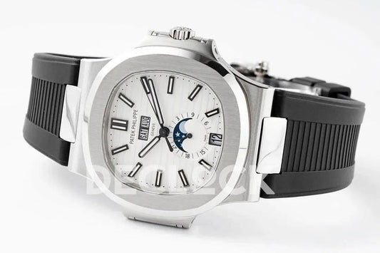 Replica Pattek Philippe Nautilus 5726 Complicated SS White Textured Dial on Black Rubber Strap | Declock.