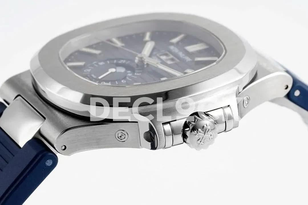 Replica Pattek Philippe Nautilus 5726 Complicated SS Blue Textured Dial on Blue Rubber Strap |  Declock.