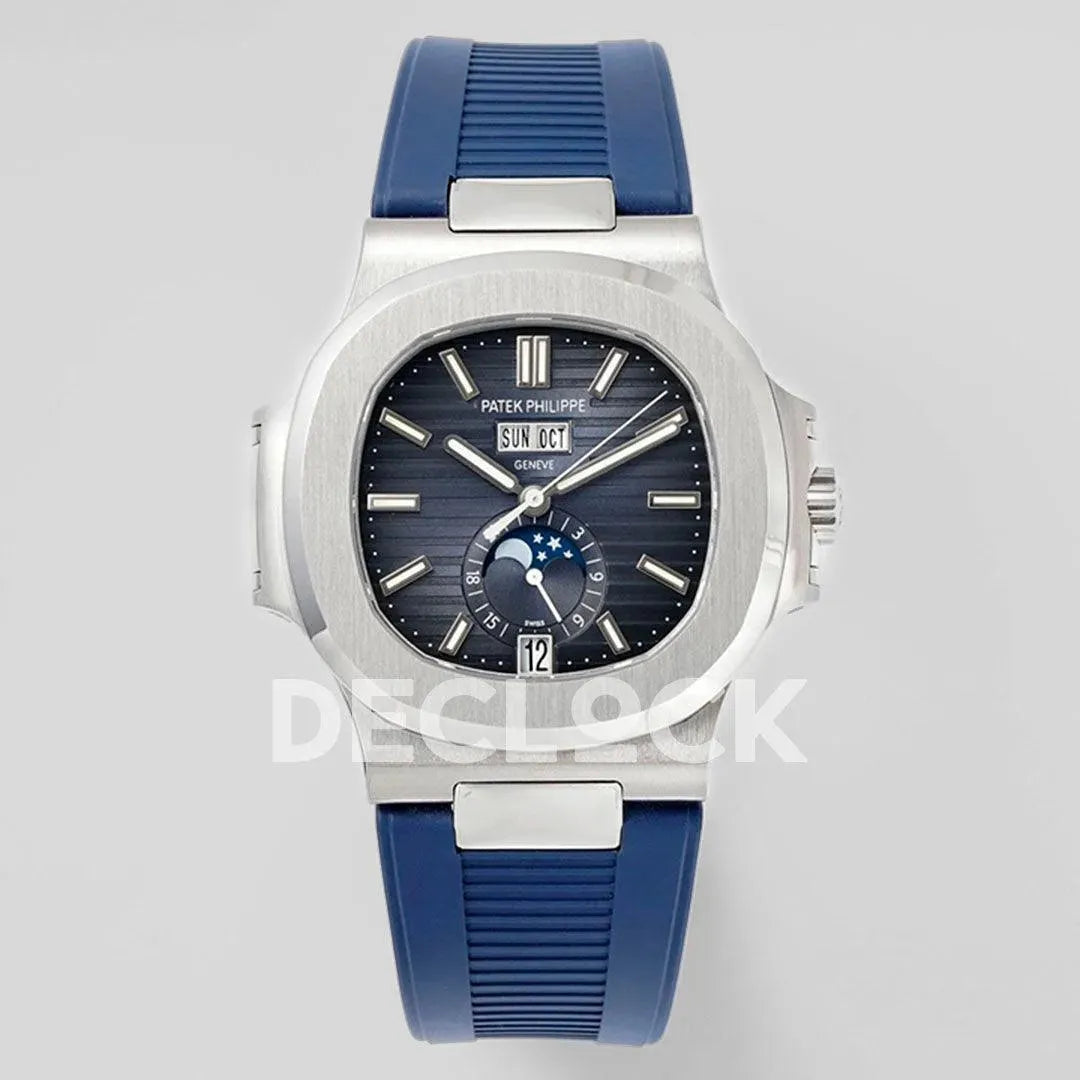 Replica Pattek Philippe Nautilus 5726 Complicated SS Blue Textured Dial on Blue Rubber Strap