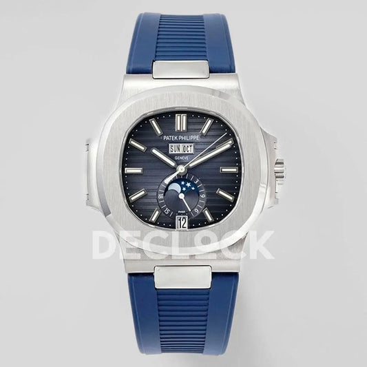 Replica Pattek Philippe Nautilus 5726 Complicated SS Blue Textured Dial on Blue Rubber Strap | Declock.