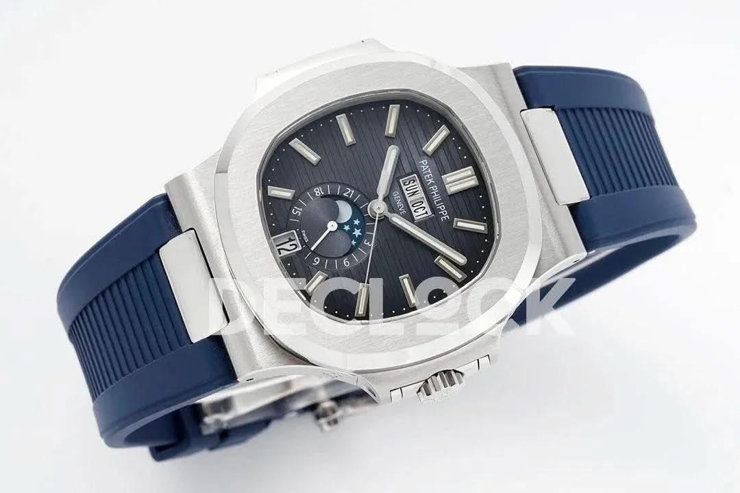 Replica Pattek Philippe Nautilus 5726 Complicated SS Blue Textured Dial on Blue Rubber Strap |  Declock.