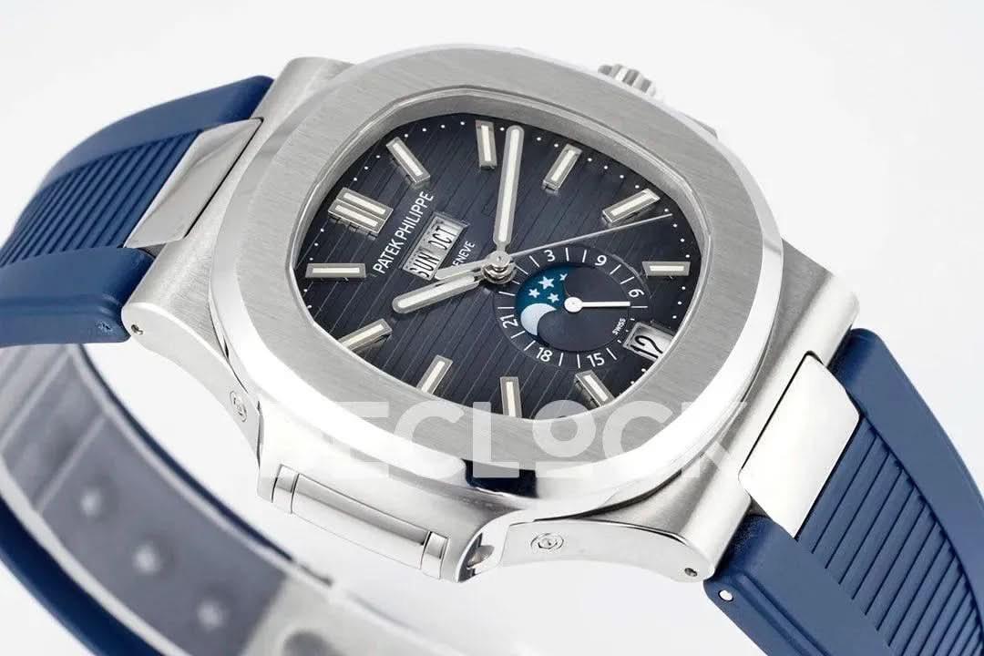 Replica Pattek Philippe Nautilus 5726 Complicated SS Blue Textured Dial on Blue Rubber Strap |  Declock.