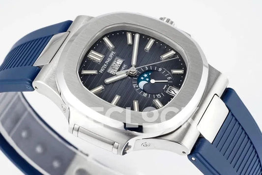 Replica Pattek Philippe Nautilus 5726 Complicated SS Blue Textured Dial on Blue Rubber Strap |  Declock.