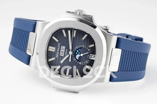 Replica Pattek Philippe Nautilus 5726 Complicated SS Blue Textured Dial on Blue Rubber Strap |  Declock.