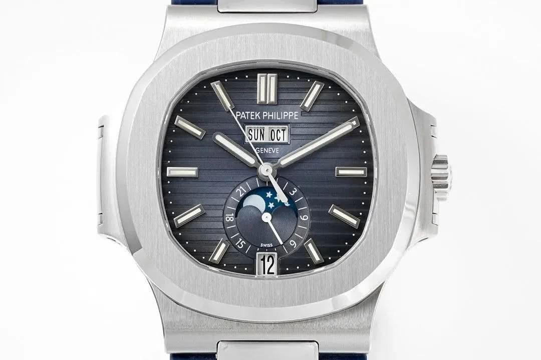 Replica Pattek Philippe Nautilus 5726 Complicated SS Blue Textured Dial on Blue Rubber Strap |  Declock.