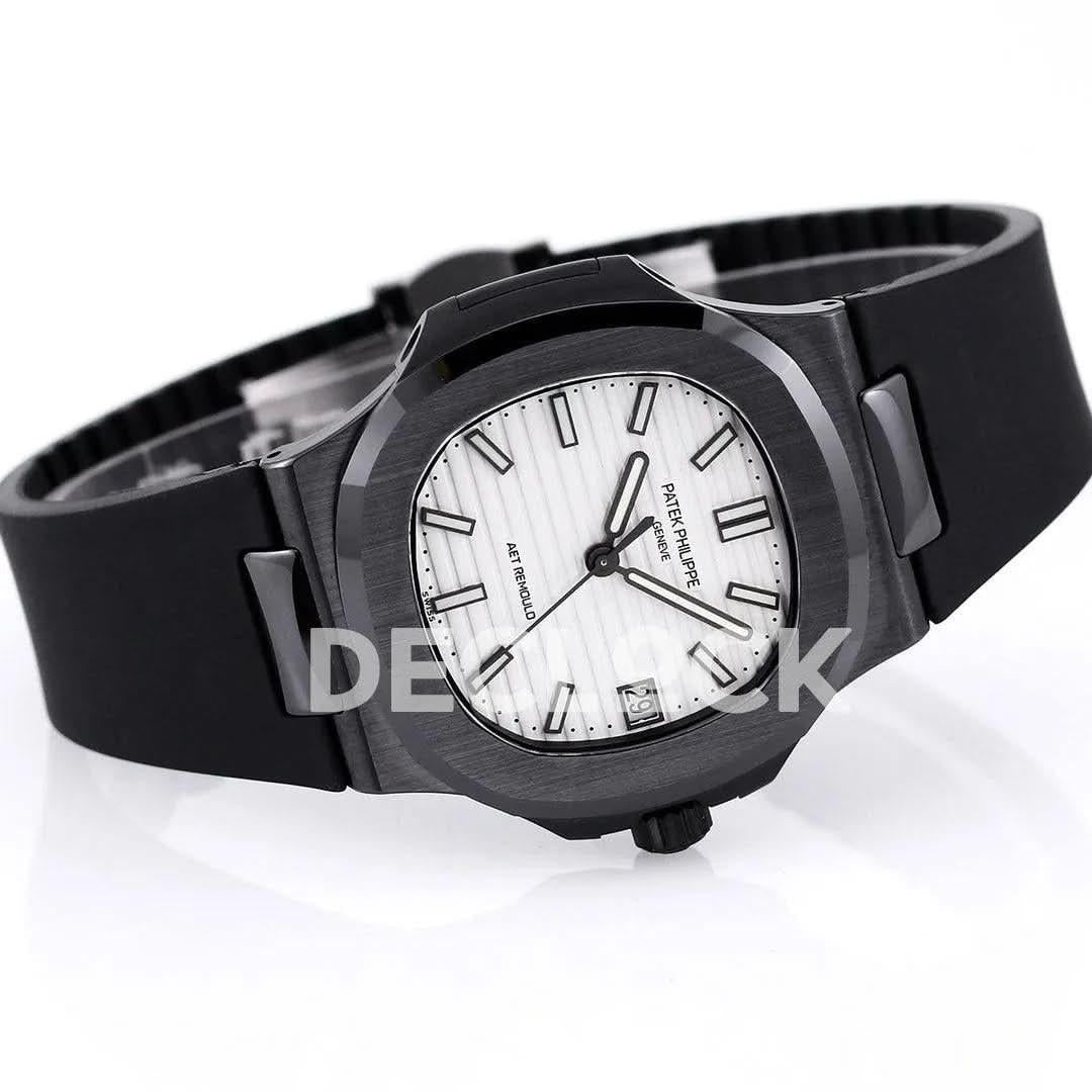 Replica Pattek Philippe AET Nautilus 5711 Black Ceramic AMGF White Dial on Black Rubber Strap |  Declock.