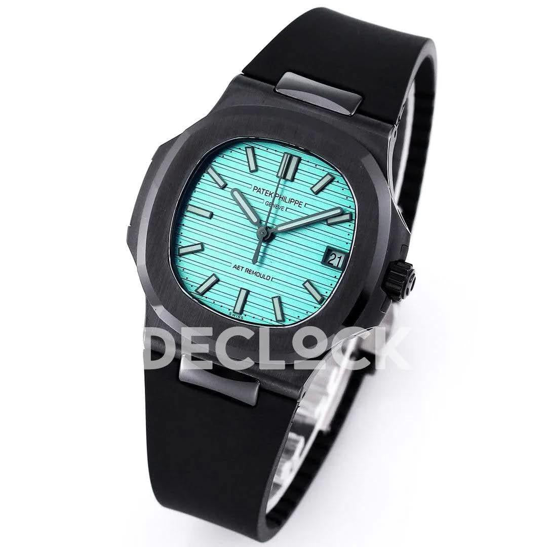 Replica Pattek Philippe AET Nautilus 5711 Black Ceramic AMGF Tiffany Blue Dial on Black Rubber Strap |  Declock.