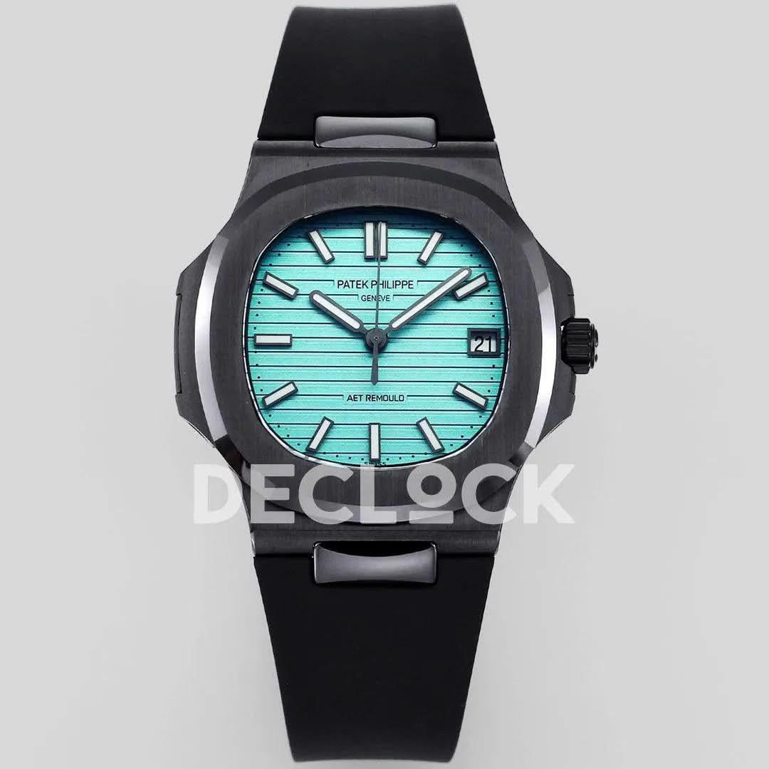 Replica Pattek Philippe AET Nautilus 5711 Black Ceramic AMGF Tiffany Blue Dial on Black Rubber Strap |  Declock.