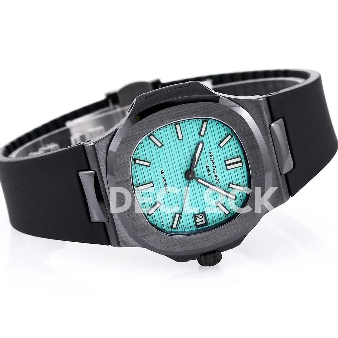Replica Pattek Philippe AET Nautilus 5711 Black Ceramic AMGF Tiffany Blue Dial on Black Rubber Strap |  Declock.