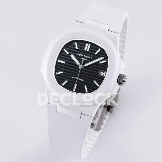 Replica Pattek Philippe AET Nautilus 5711 White Ceramic AMGF Black Dial on White Rubber Strap |  Declock.