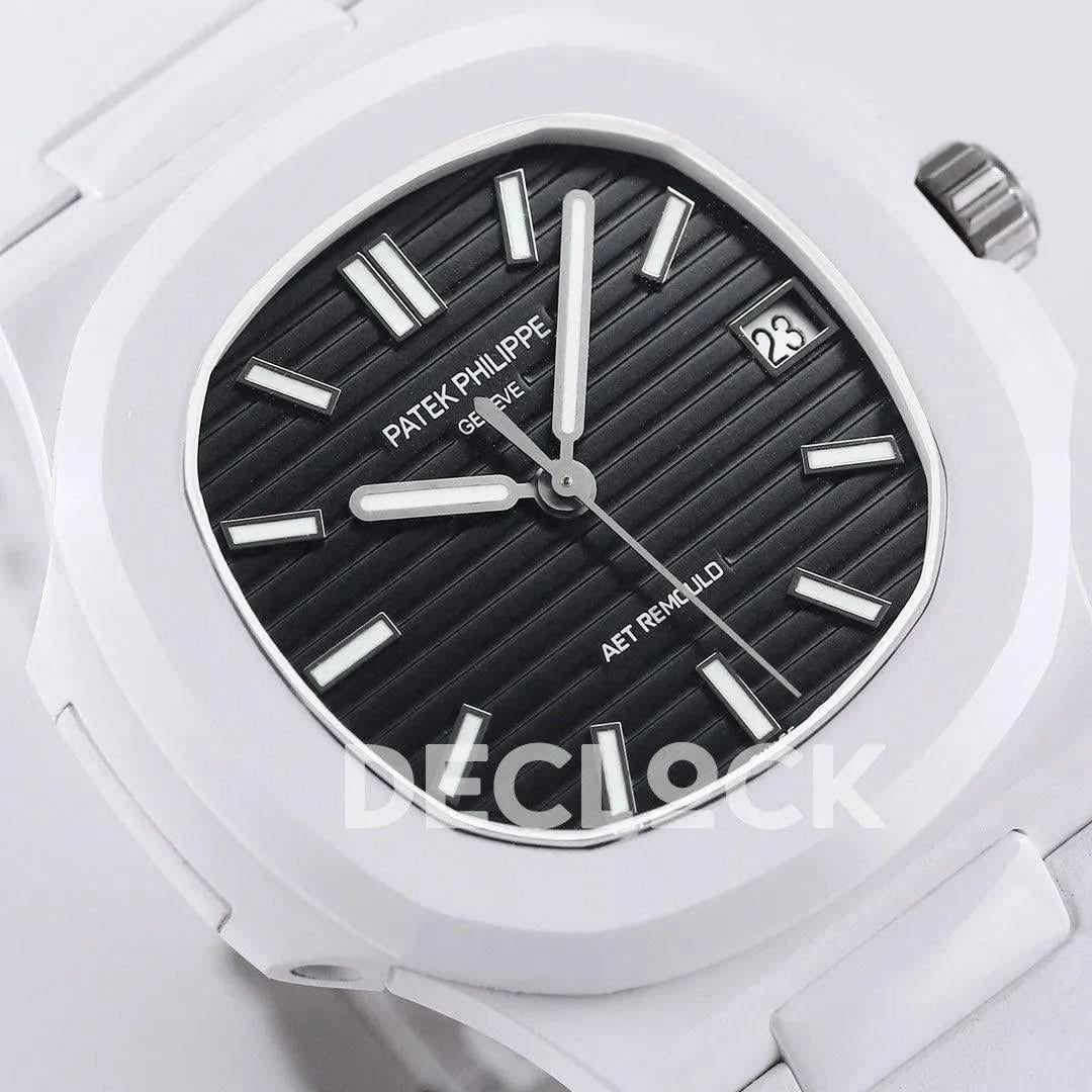 Replica Pattek Philippe AET Nautilus 5711 White Ceramic AMGF Black Dial on White Rubber Strap |  Declock.