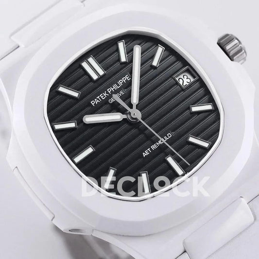 Replica Pattek Philippe AET Nautilus 5711 White Ceramic AMGF Black Dial on White Rubber Strap |  Declock.