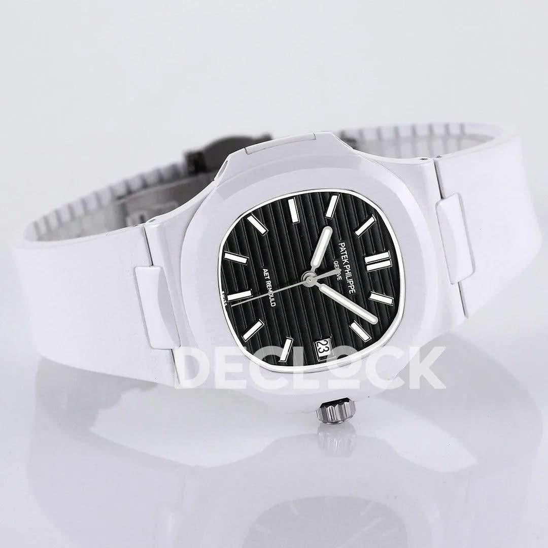 Replica Pattek Philippe AET Nautilus 5711 White Ceramic AMGF Black Dial on White Rubber Strap |  Declock.