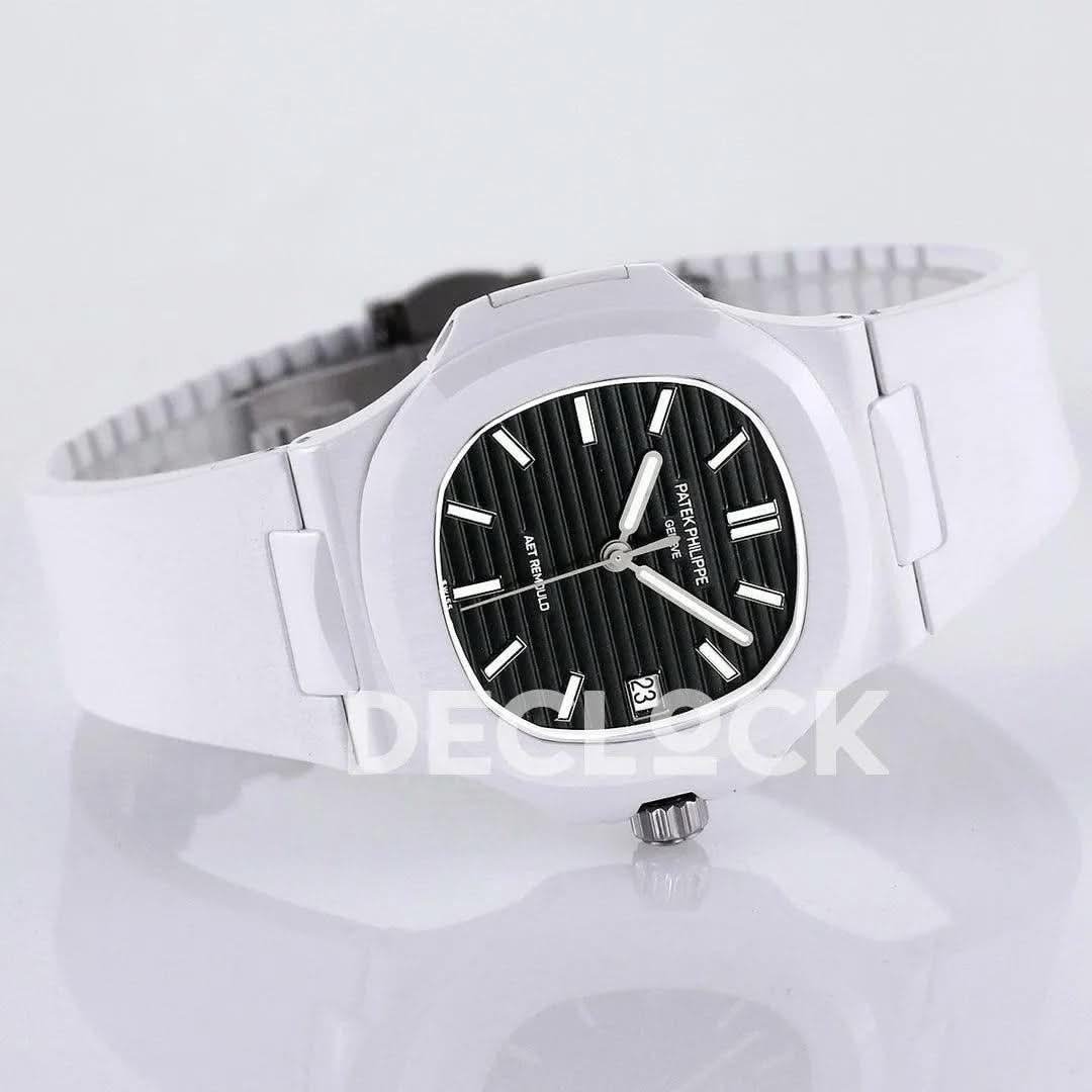 Replica Pattek Philippe AET Nautilus 5711 White Ceramic AMGF Black Dial on White Rubber Strap