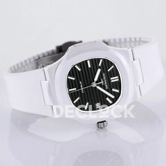 Replica Pattek Philippe AET Nautilus 5711 White Ceramic AMGF Black Dial on White Rubber Strap