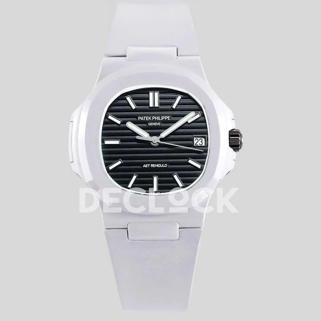 Replica Pattek Philippe AET Nautilus 5711 White Ceramic AMGF Black Dial on White Rubber Strap |  Declock.