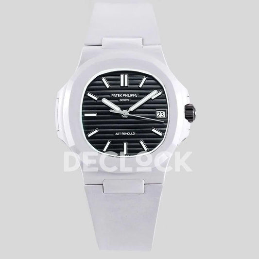 Replica Pattek Philippe AET Nautilus 5711 White Ceramic AMGF Black Dial on White Rubber Strap | Declock.