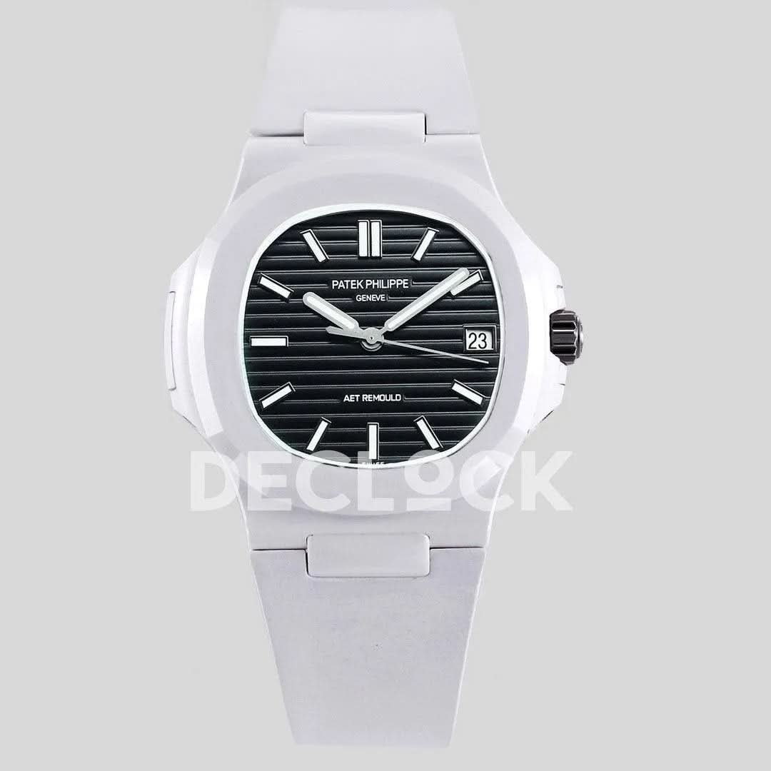 Replica Pattek Philippe AET Nautilus 5711 White Ceramic AMGF Black Dial on White Rubber Strap