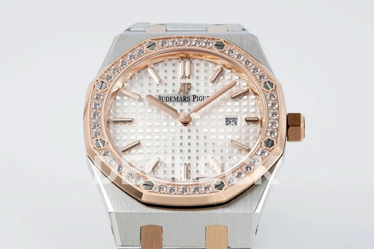 Replica Audemars Pigeut Royal Oak 33mm 67651OR SS/RG Diamond Bezel White Dial |  Declock.