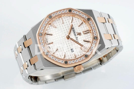 Replica Audemars Pigeut Royal Oak 33mm 67651OR SS/RG Diamond Bezel White Dial |  Declock.