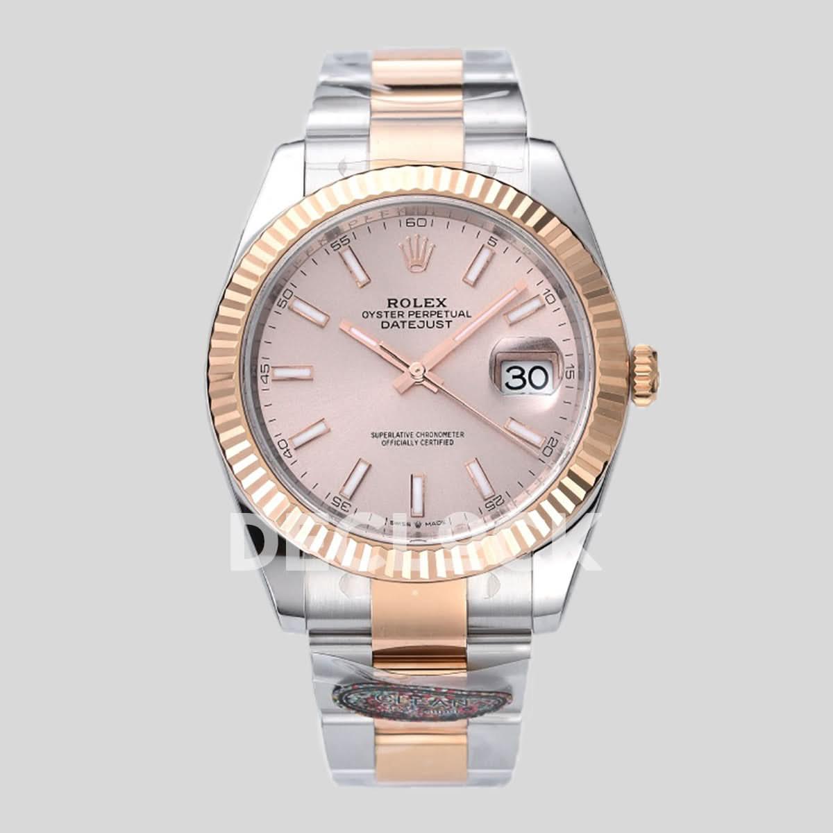 Replica Rolex Datejust 41 126331 Pink Sundust Dial Stick Markers in Everose/Steel on Oyster Bracelet |  Declock.