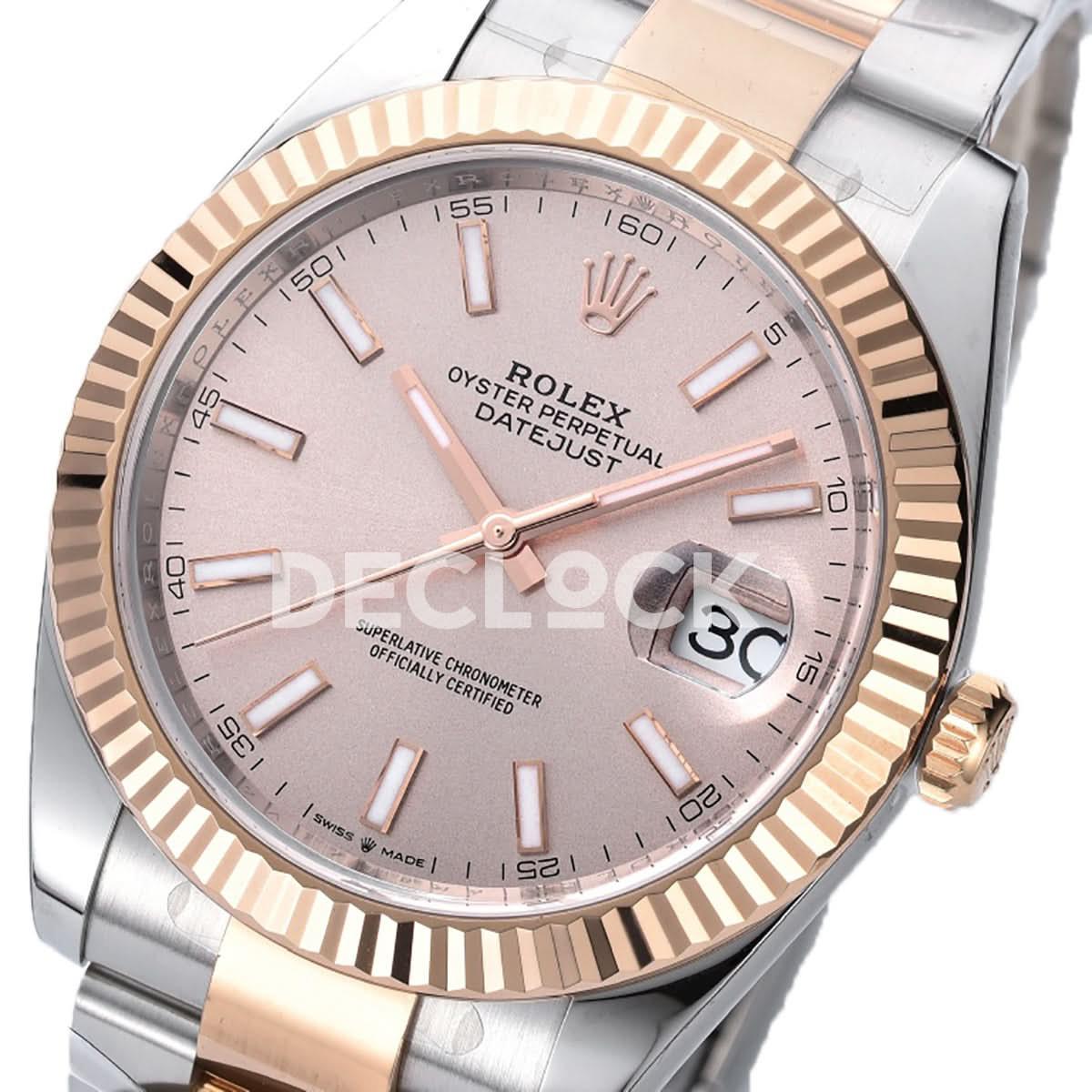 Replica Rolex Datejust 41 126331 Pink Sundust Dial Stick Markers in Everose/Steel on Oyster Bracelet |  Declock.