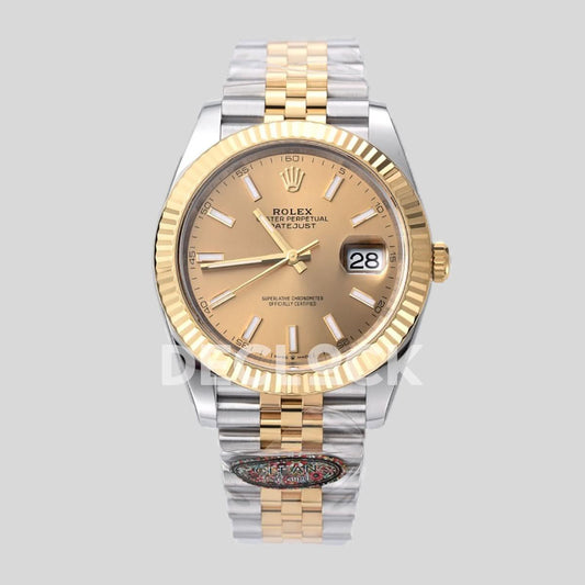 Replica Rolex Datejust 41 126333 Champagne Dial Stick Markers in Yellow/Steel on Jubilee Bracelet |  Declock.