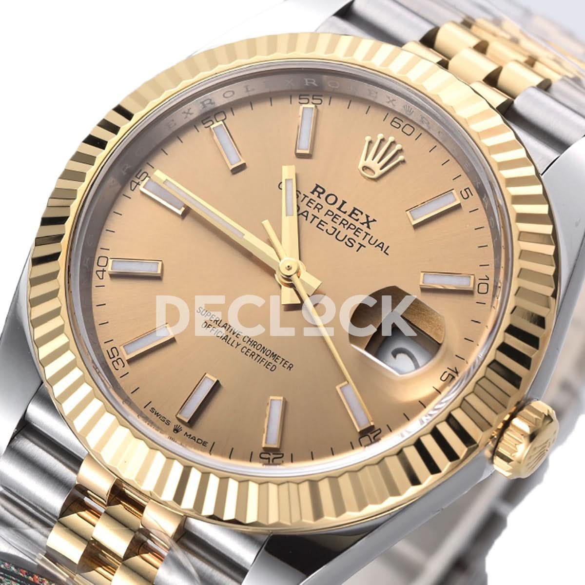 Replica Rolex Datejust 41 126333 Champagne Dial Stick Markers in Yellow/Steel on Jubilee Bracelet |  Declock.