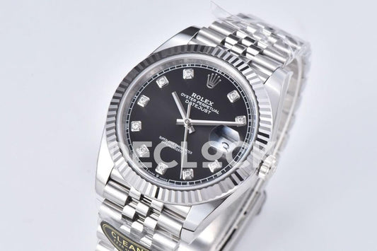 Replica Rolex Datejust 41 126334 Bright Black Dial Diamond Markers on Jubilee Bracelet |  Declock.