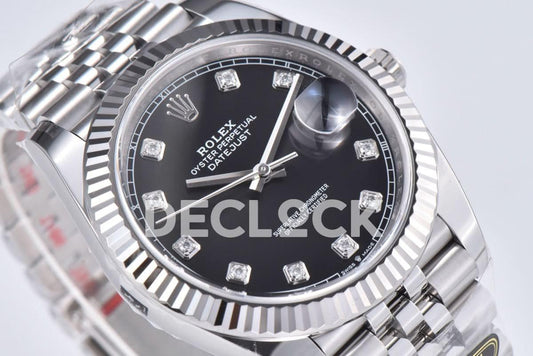 Replica Rolex Datejust 41 126334 Bright Black Dial Diamond Markers on Jubilee Bracelet | Declock.