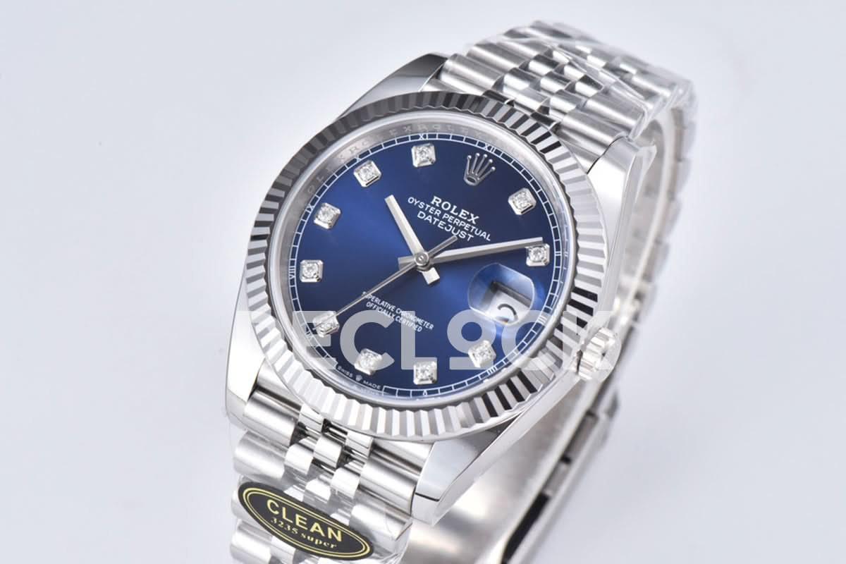 Replica Rolex Datejust 41 126334 Bright Blue Dial Diamond Markers on Jubilee Bracelet |  Declock.
