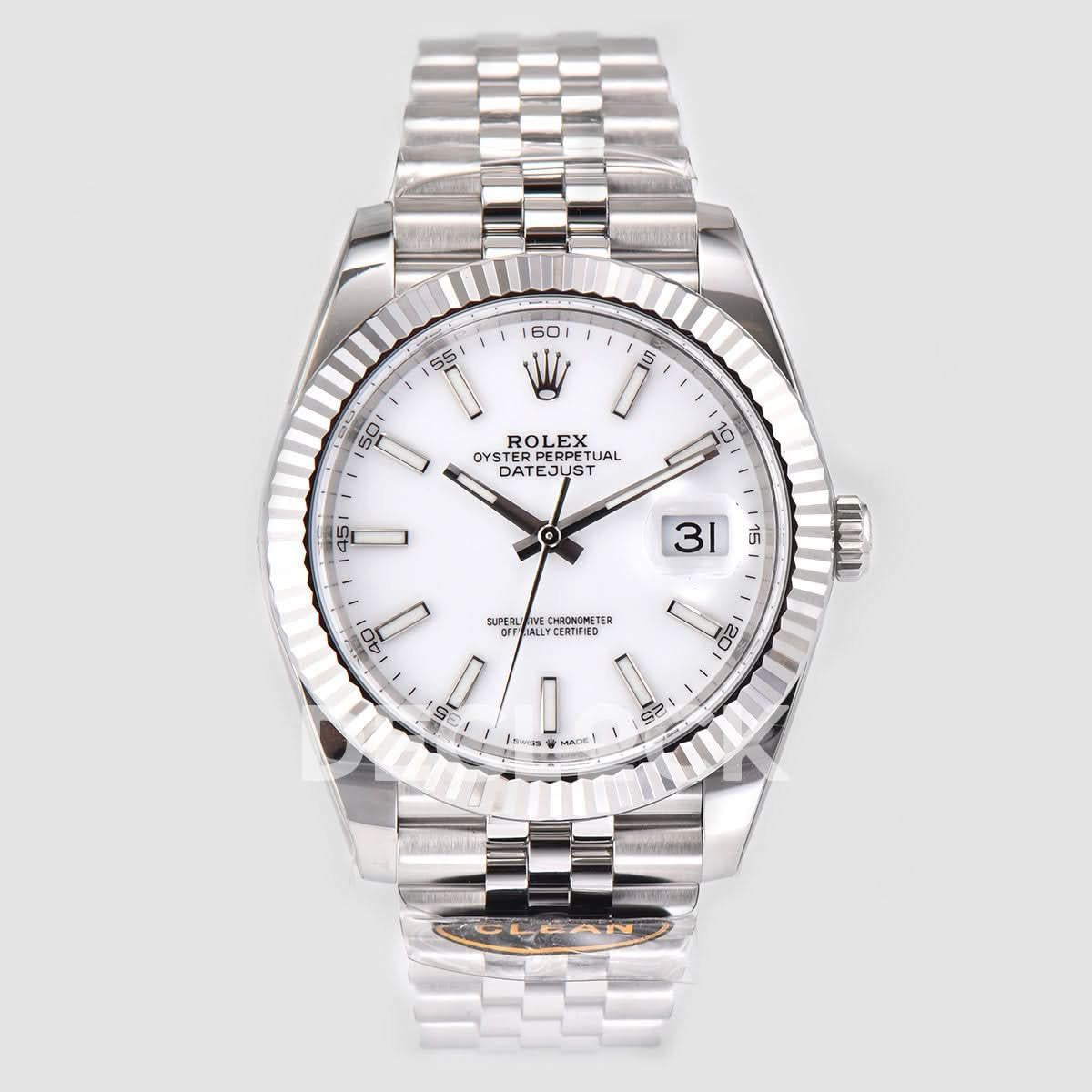 Replica Rolex Datejust 41 126334 White Dial Stick Markers on Jubilee Bracelet |  Declock.