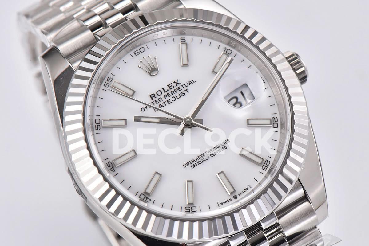 Replica Rolex Datejust 41 126334 White Dial Stick Markers on Jubilee Bracelet |  Declock.