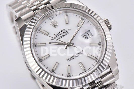 Replica Rolex Datejust 41 126334 White Dial Stick Markers on Jubilee Bracelet |  Declock.