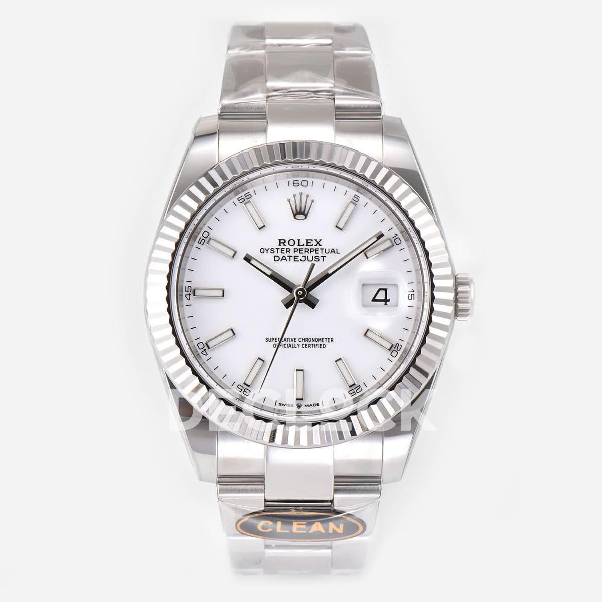 Replica Rolex Datejust 41 126334 White Dial Stick Markers on Oyster Bracelet |  Declock.