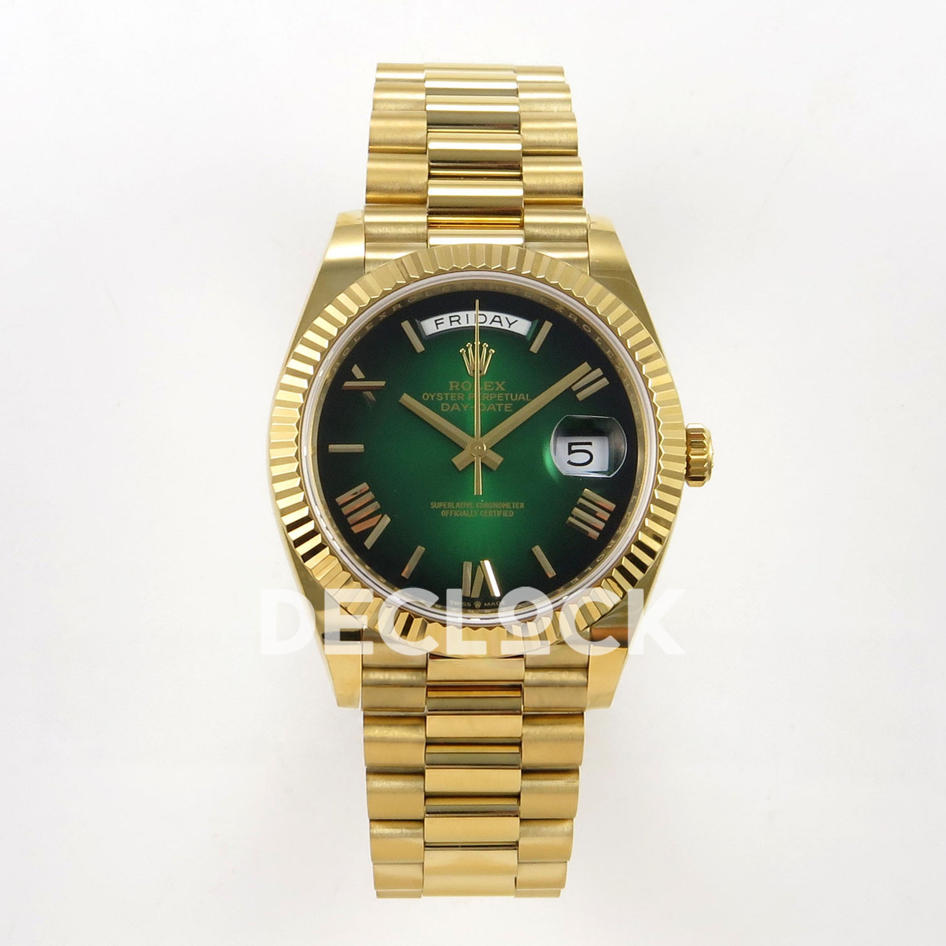 Rolex Day-Date 40mm 228238 QF Green Ombre Roman Dial on President JH3255 Free Sprung V9 Weighted 210g Replica Watch (Copy)