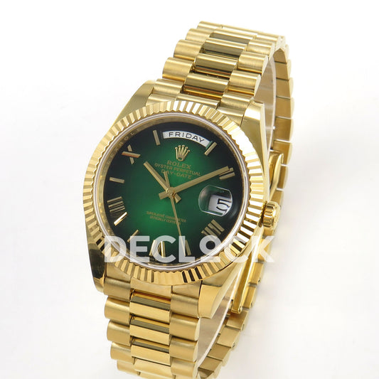 Rolex Day-Date 40mm 228238 QF Green Ombre Roman Dial on President JH3255 Free Sprung V9 Weighted 210g Replica Watch (Copy)